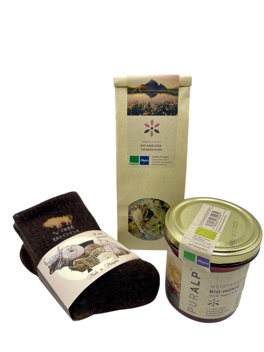 Geschenk-Set „Gemütliche Auszeit“ – Bio-Tee, Honig & Yak-Wollsocken
