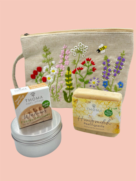 Geschenk-Set „Blumenwiese“ – Seife, Shampoo, Dose & Kosmetiktasche