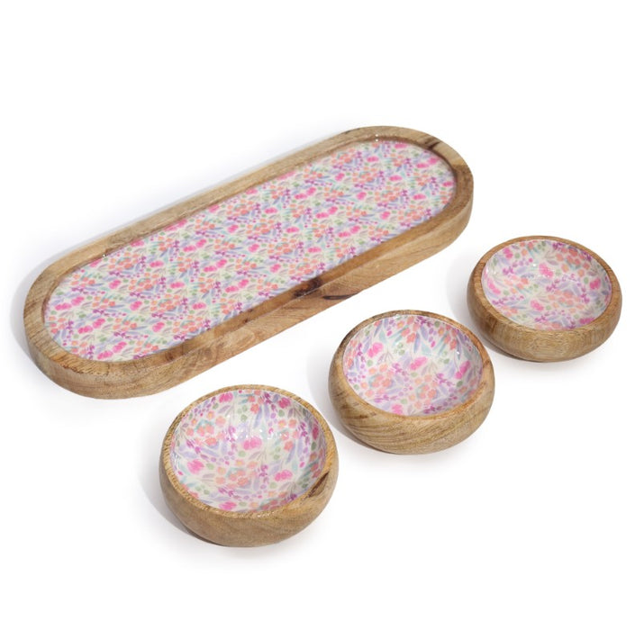 Mango-Holz Tablett mit 3 Keramikschalen – Blumendesign