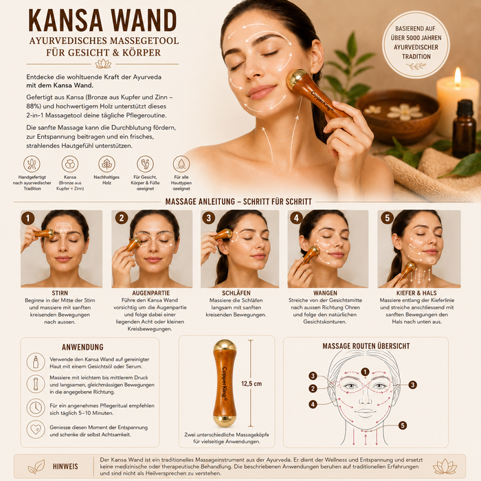 Kansa Wand aus Kupfer – 2-in-1 Gesichtsmassageroller aus Holz & Kupfer