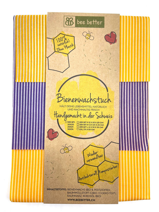 Bio Bienenwachstuch 3er Set - funky stripes yellow blue