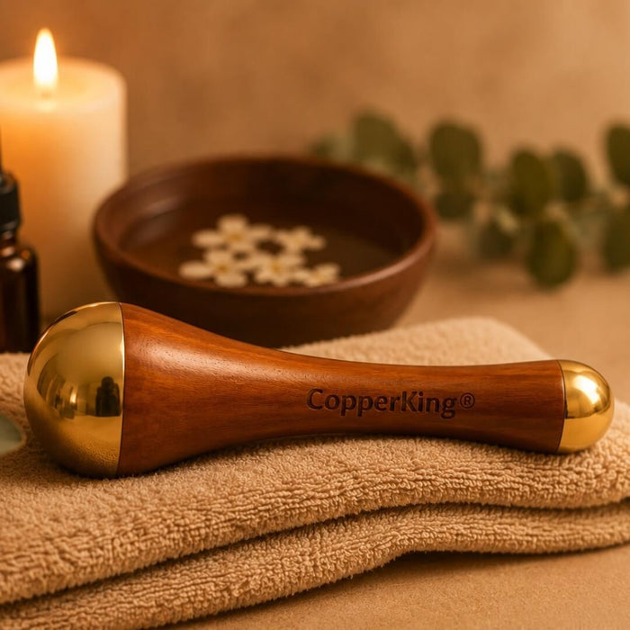 Kansa Wand aus Kupfer – 2-in-1 Gesichtsmassageroller aus Holz & Kupfer