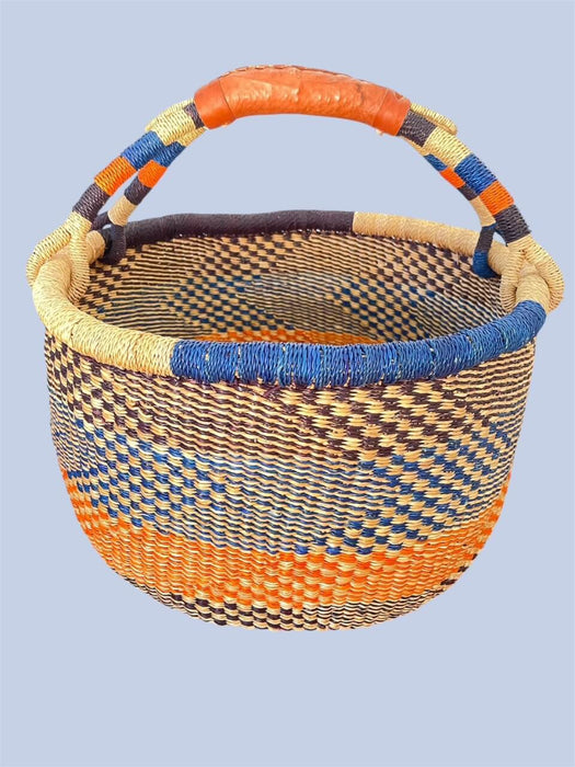 Grosser Bolga Einkaufskorb aus Savannengras mit Ledergriffen, handgeflochten aus Ghana