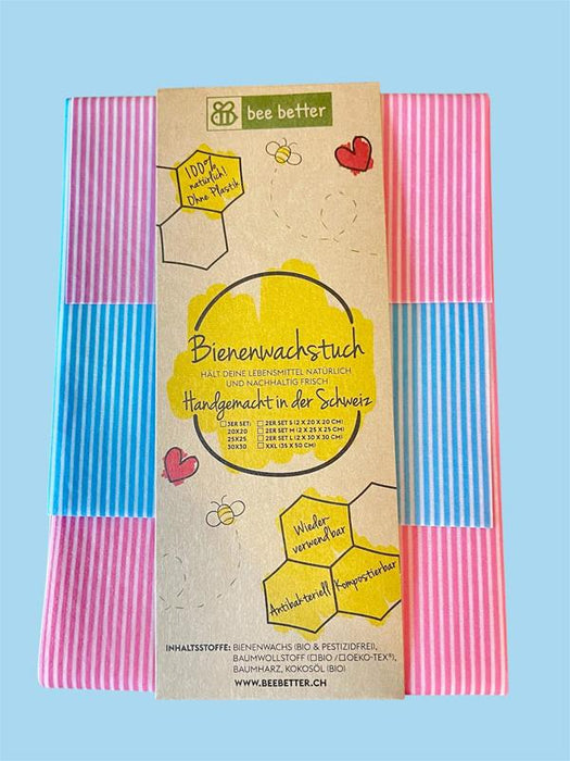 Bienenwachstücher 3er Set - Streifenlook rosa/babyblau