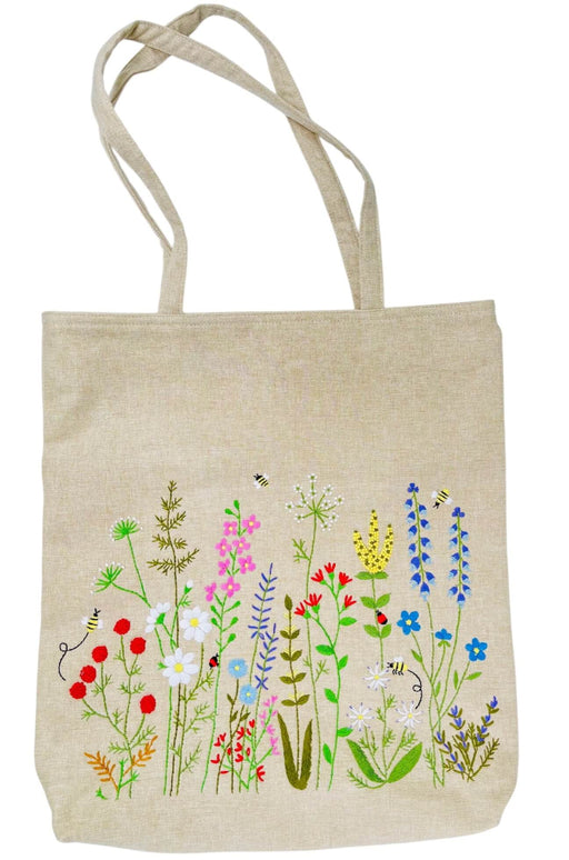 Handbestickte Einkaufstasche aus Baumwolle mit Blumenwiesen-Motiv und Reissverschluss