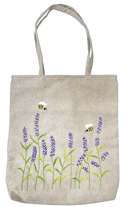 Handbestickte Einkaufstasche aus Baumwolle mit Lavendelblüten-Motiv und Reissverschluss