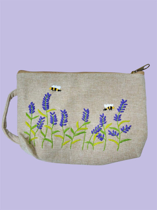 Handbestickte Kosmetiktasche aus Baumwolle mit Lavendelblüten-Motiv und Reissverschluss