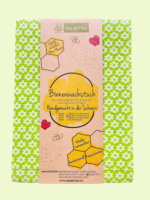 Bienenwachstuch 2er Set Medium aus Bio-Bienenwachs – Blümli grün