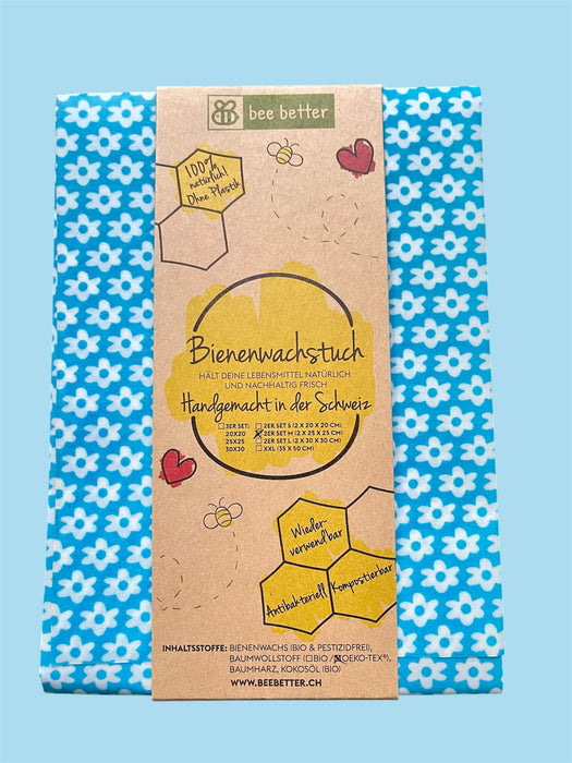 Bienenwachstuch 2er Set Medium aus Bio-Bienenwachs – Blümli blau