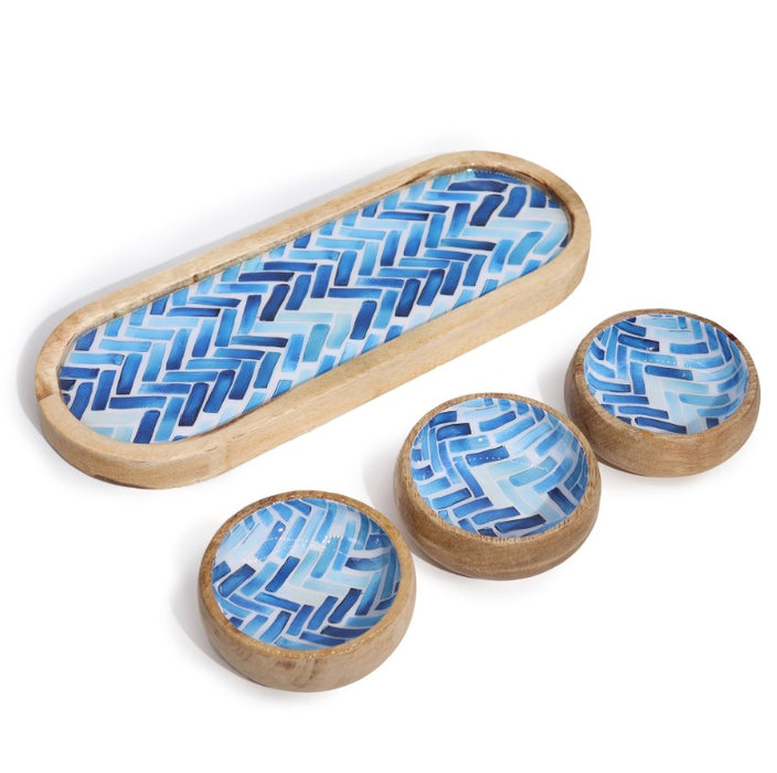 Mango-Holz Tablett mit 3 Keramikschalen – Blau gestreift