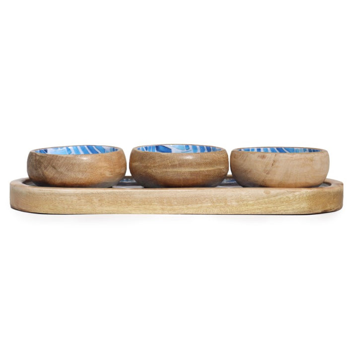 Mango-Holz Tablett mit 3 Keramikschalen – Blau gestreift