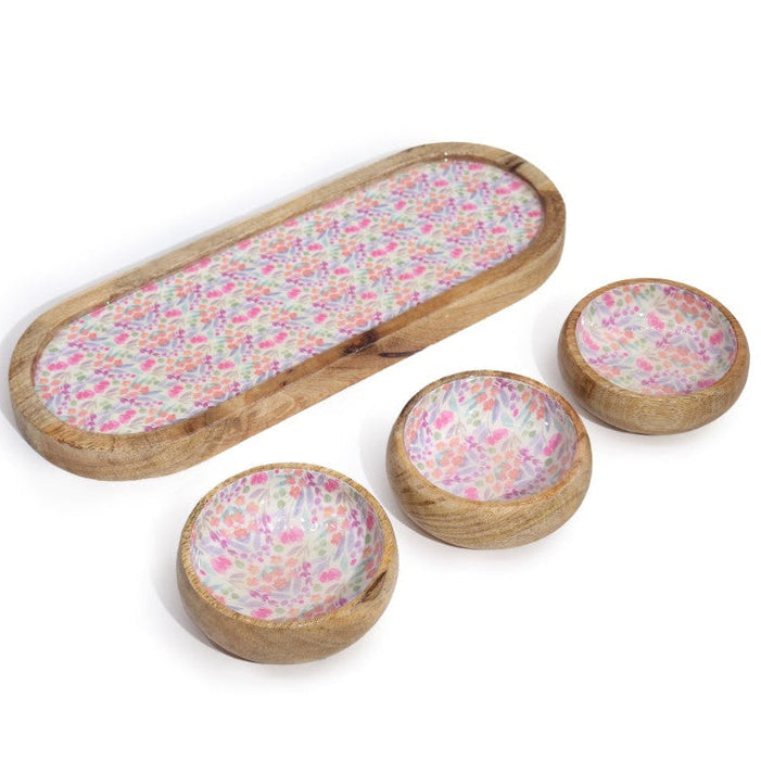 Mango-Holz Tablett mit 3 Keramikschalen – Blumendesign