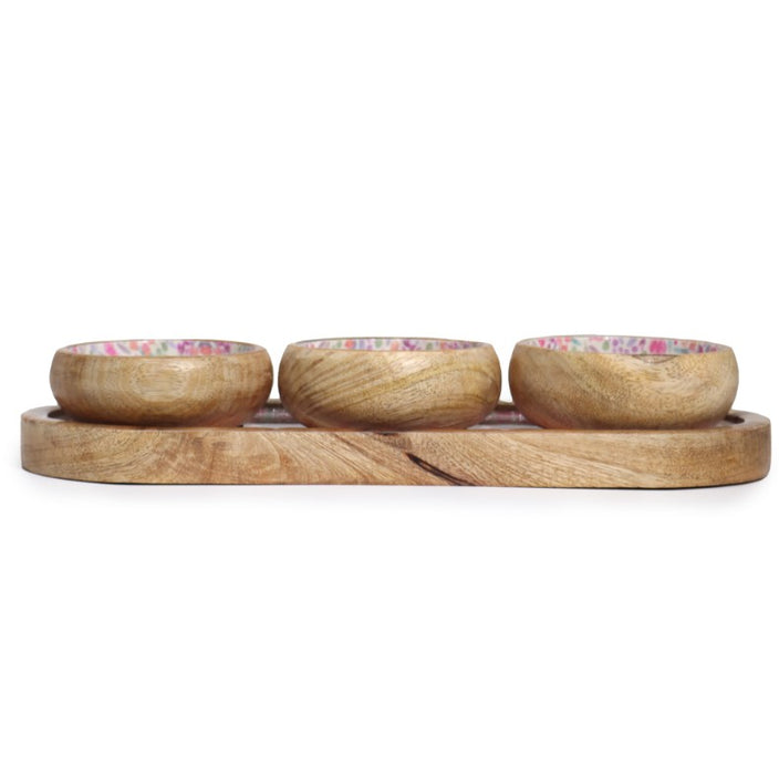 Mango-Holz Tablett mit 3 Keramikschalen – Blumendesign