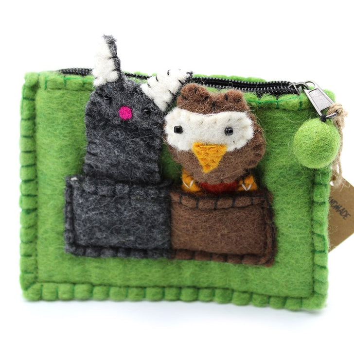Filz Täschchen mit Fingerpuppen – Eule und Katze