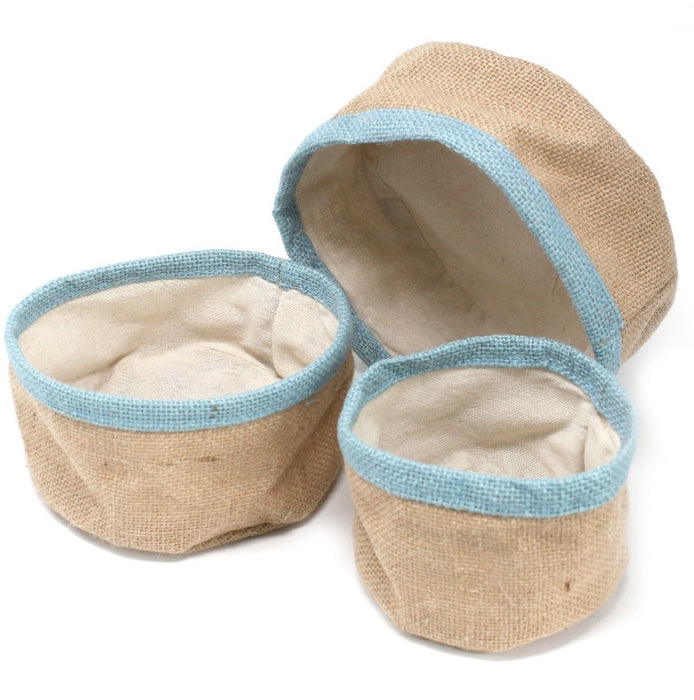 3er Set Jutekörbe Blaugrün – mit Baumwollfutter