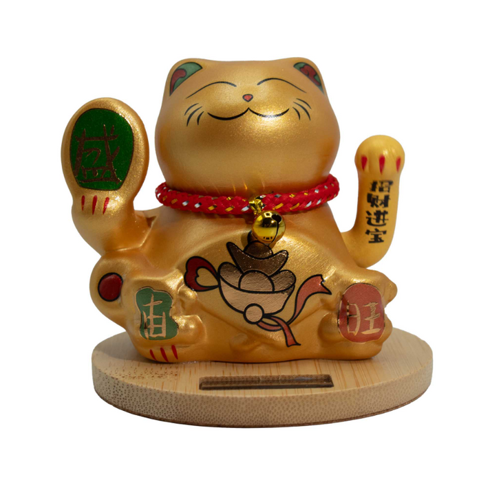 Solar Glückskatze Gold winkend mit Holzsockel | Money Cat