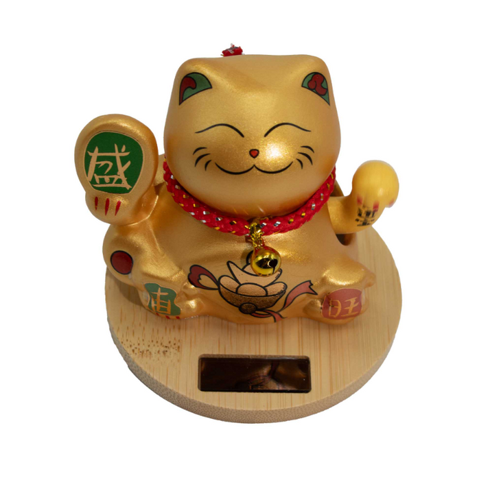 Solar Glückskatze Gold winkend mit Holzsockel | Money Cat
