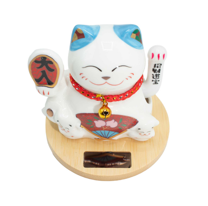 Solar Glückskatze Blau winkend mit Holzsockel | Money Cat