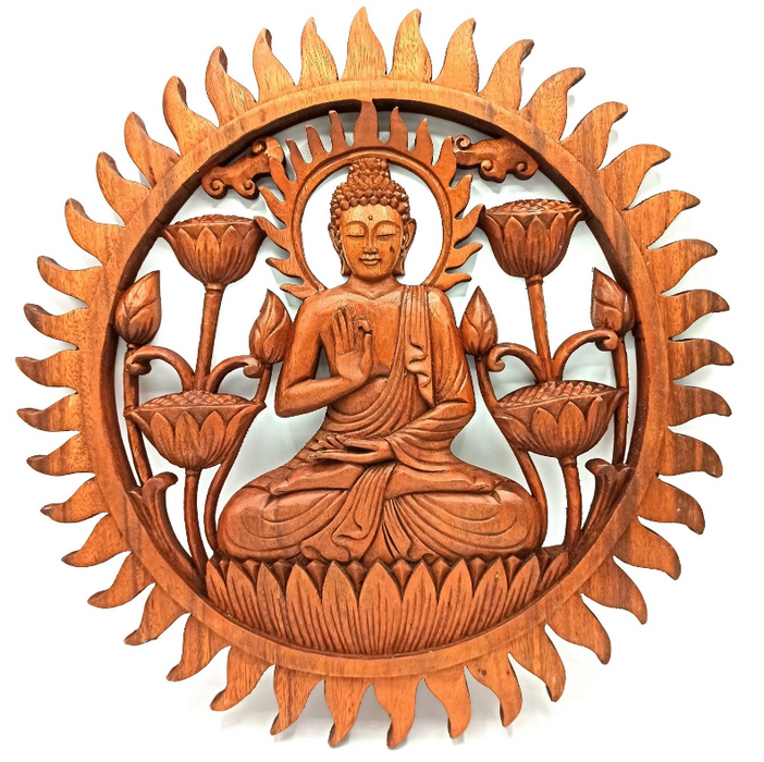 Handgeschnitztes Wandpanel Buddha & Lotus aus Suarholz