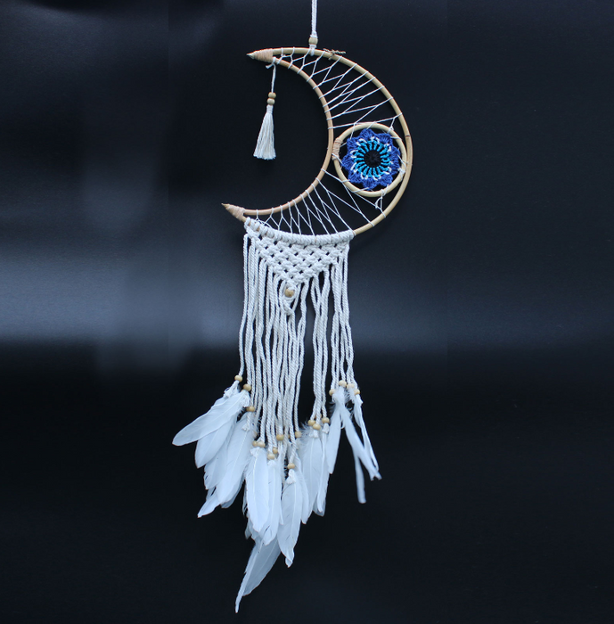 Schutz-Traumfänger Mond mit Makramee – Evil Eye blau