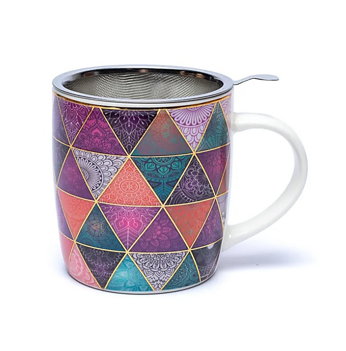 Teetasse mit Teesieb aus Edelstahl – Patchwork