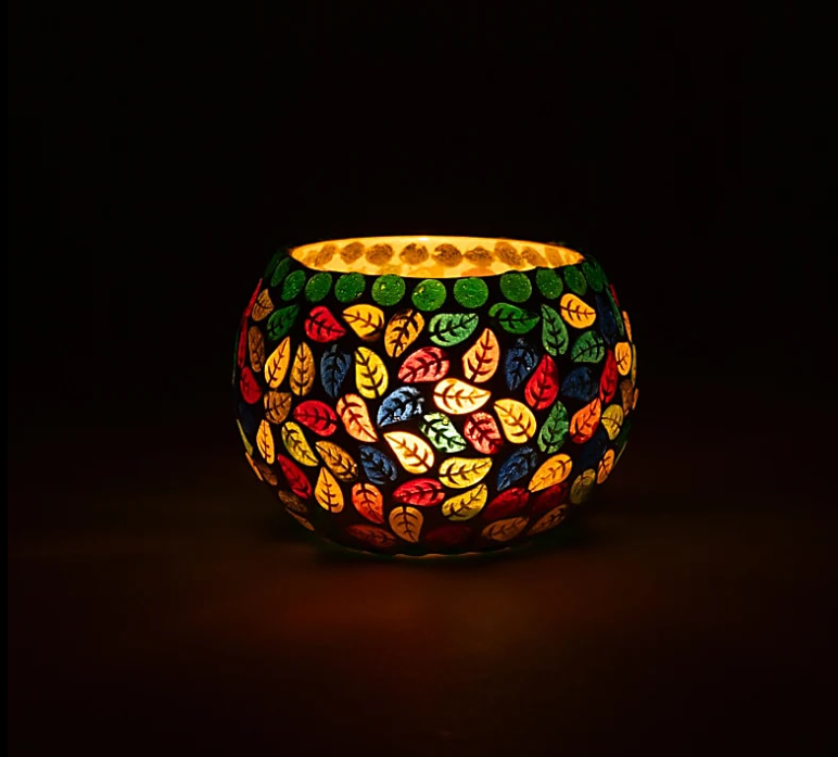 Mosaik Teelichthalter aus Glas – Chakra Leaves (rund)