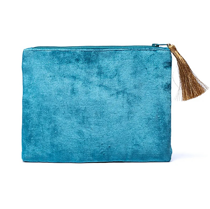 Samt-Täschchen mit Blumenstickerei – Blau