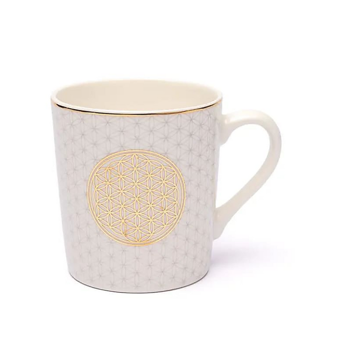 Kaffeebecher „Blume des Lebens“ – Weiss / Gold