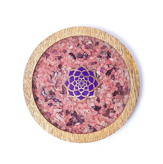 Holz-Untersetzer „Baum des Lebens“ – Rosenquarz & Amethyst