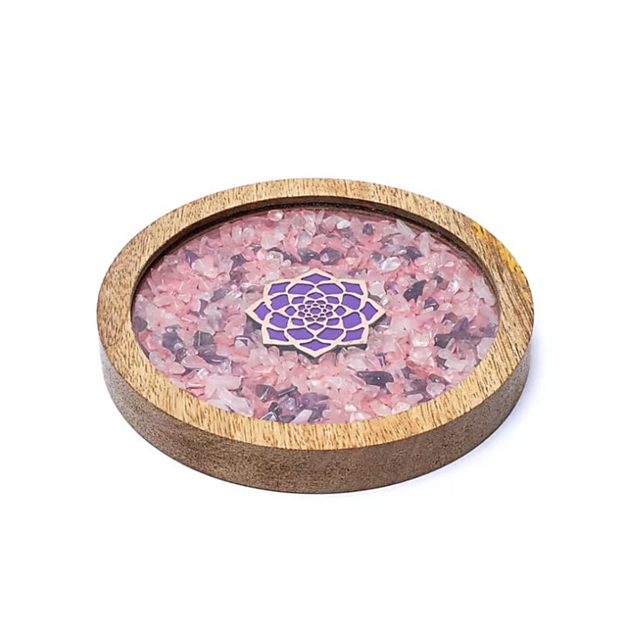 Holz-Untersetzer „Baum des Lebens“ – Rosenquarz & Amethyst
