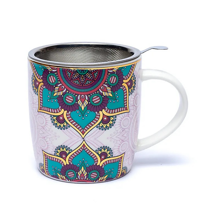 Teetasse mit Teesieb aus Edelstahl – Mandala türkis
