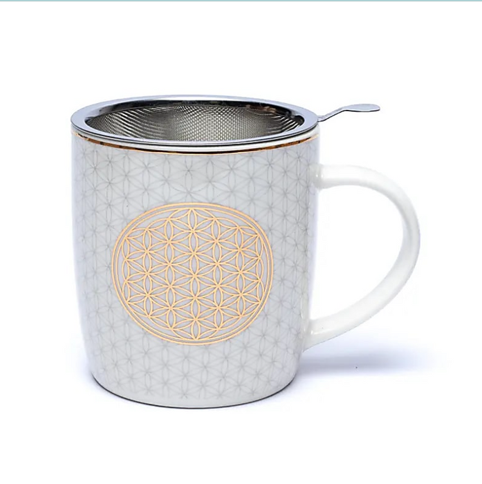 Teetasse mit Teesieb aus Edelstahl – Blume des Lebens