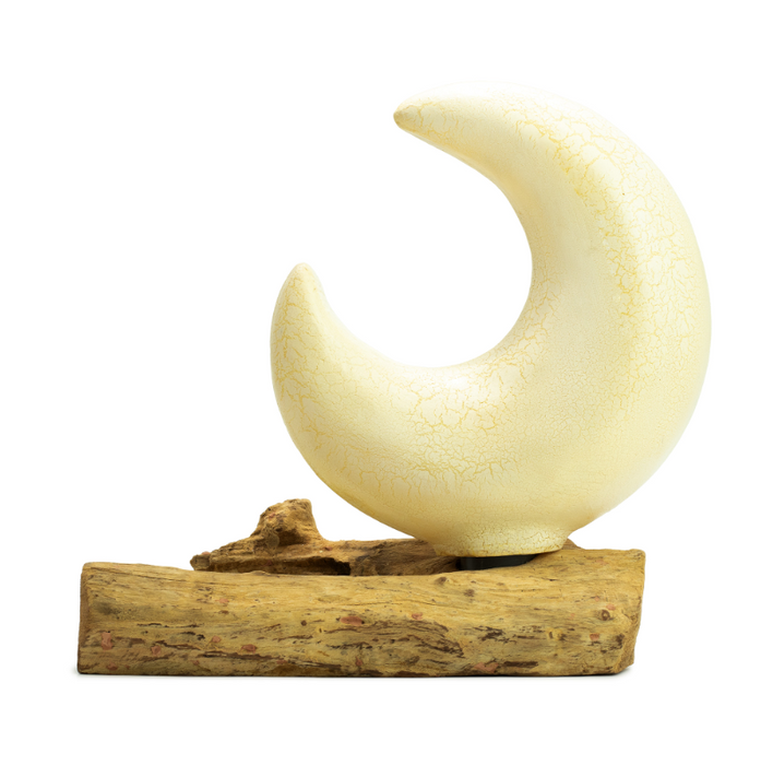 DriftGlow Halbmond Lampe – Crackle Design mit Treibholz