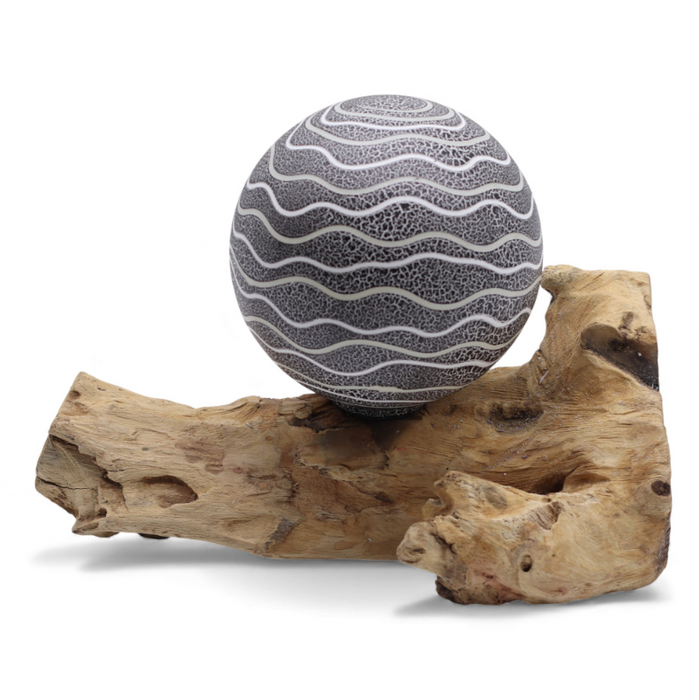 DriftGlow Tischlampe – Grey Luna mit Treibholz Sockel