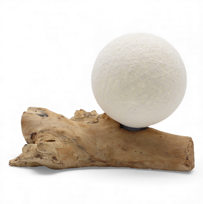 DriftGlow Tischlampe – Cotton Luna Ivory mit Treibholz