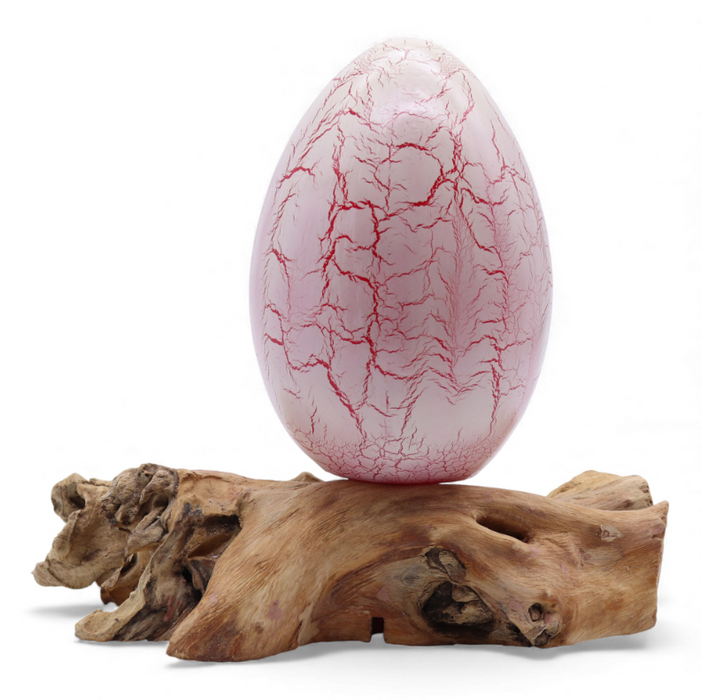 DriftGlow Tischlampe – Fire Egg Orange auf Treibholz