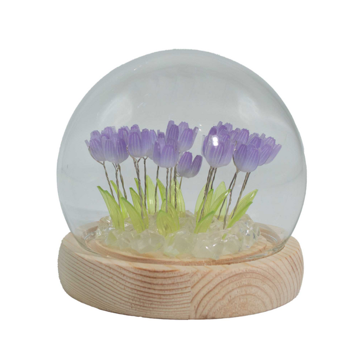 LED Blumen Glasglocke – 20 Tulpen mit Holzsockel