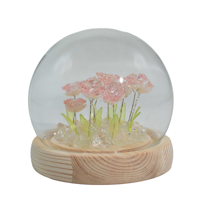 LED Rosen Glasglocke – 10 Pinke Rosen mit Holzsockel