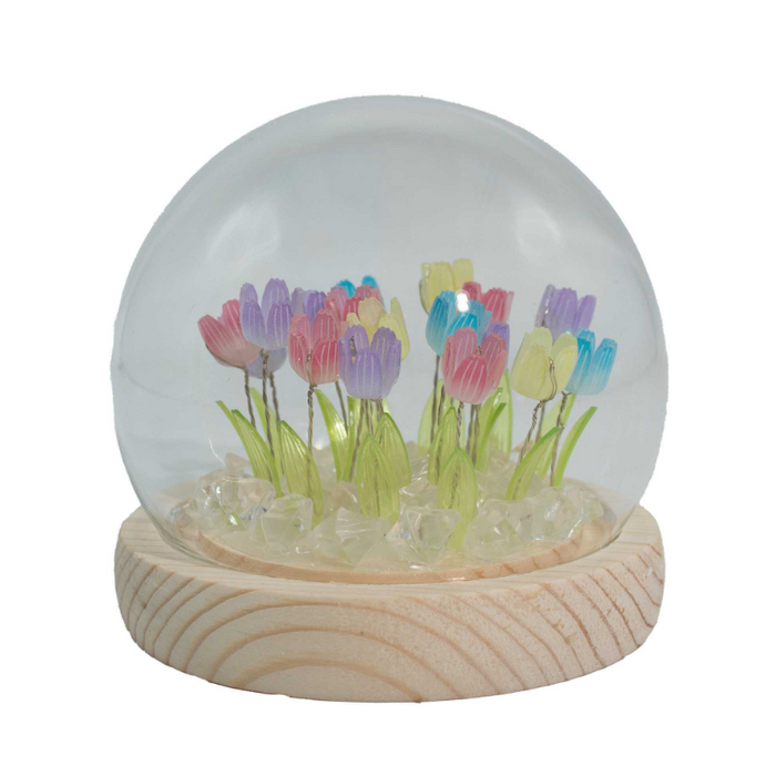 LED Tulpen Glasglocke Bunt – 20 Blüten mit Holzsockel