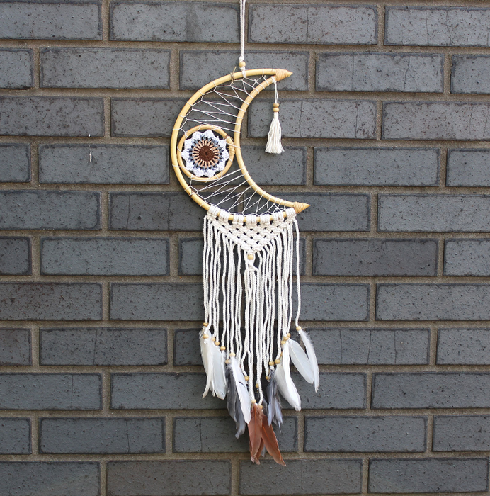 Schutz-Traumfänger Mond mit Makramee – Evil Eye braun/creme