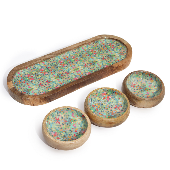 Mango-Holz Tablett mit 3 Keramikschalen – Mediterranes Design