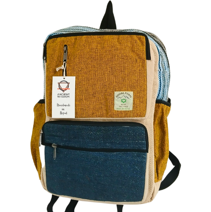 Hanf Rucksack gross – Boxy Design in Teal & Senf aus Nepal