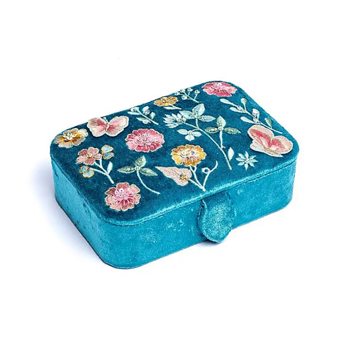 Schmuckkästchen Samt blau mit Blumen – bestickt & mit Perlen