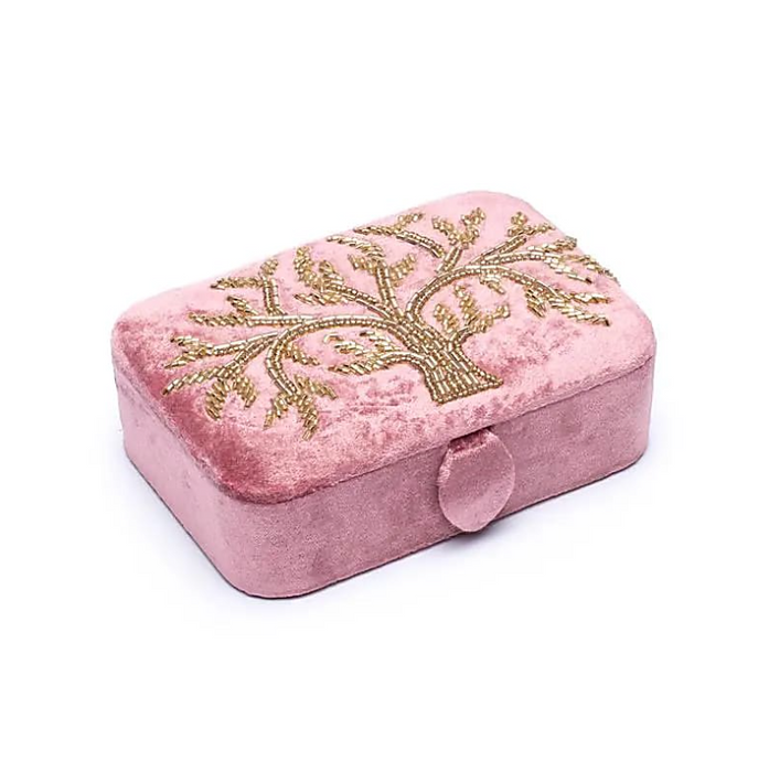 Schmuckkästchen Samt rosa mit Lebensbaum – bestickt & mit Perlen