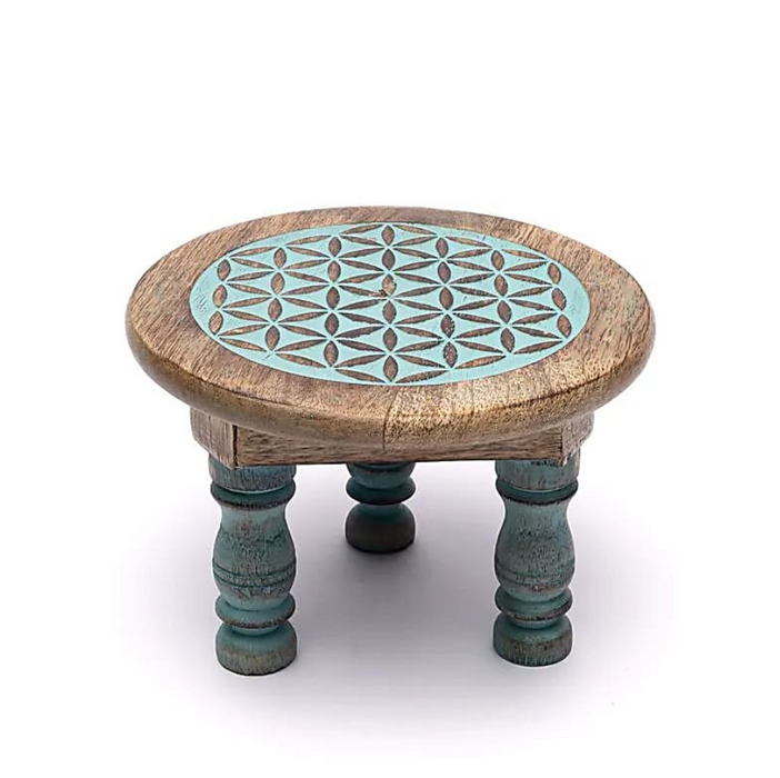 Holztisch Mangoholz mit Blume des Lebens – blauer Druck
