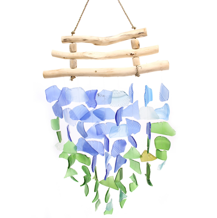 Windspiel aus recyceltem Glas – Blau & Grün