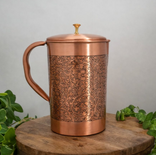 2L Kupferkaraffe mit Deckel – florale Gravur | Handgefertigt