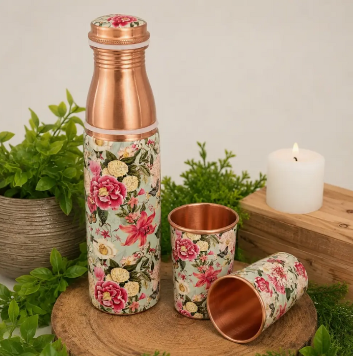 Kupferflaschen-Set Floral – Kupferflasche mit 2 Kupferbechern & Samt-Geschenkbox
