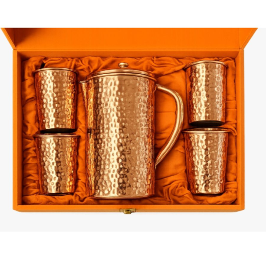Kupferkaraffen-Set 1,5 Liter – Reine Kupferkaraffe mit 4 Kupferbechern & Samt-Geschenkbox