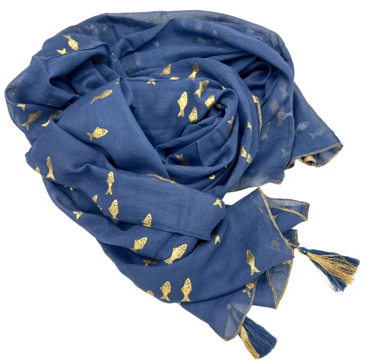 Nomad Sari Pareo – Meeresblau & Goldfisch | Handbemalt aus Indien